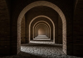 Endless brick arches forming a symmetrical tunnel, creating a sense of depth and architectural perspective