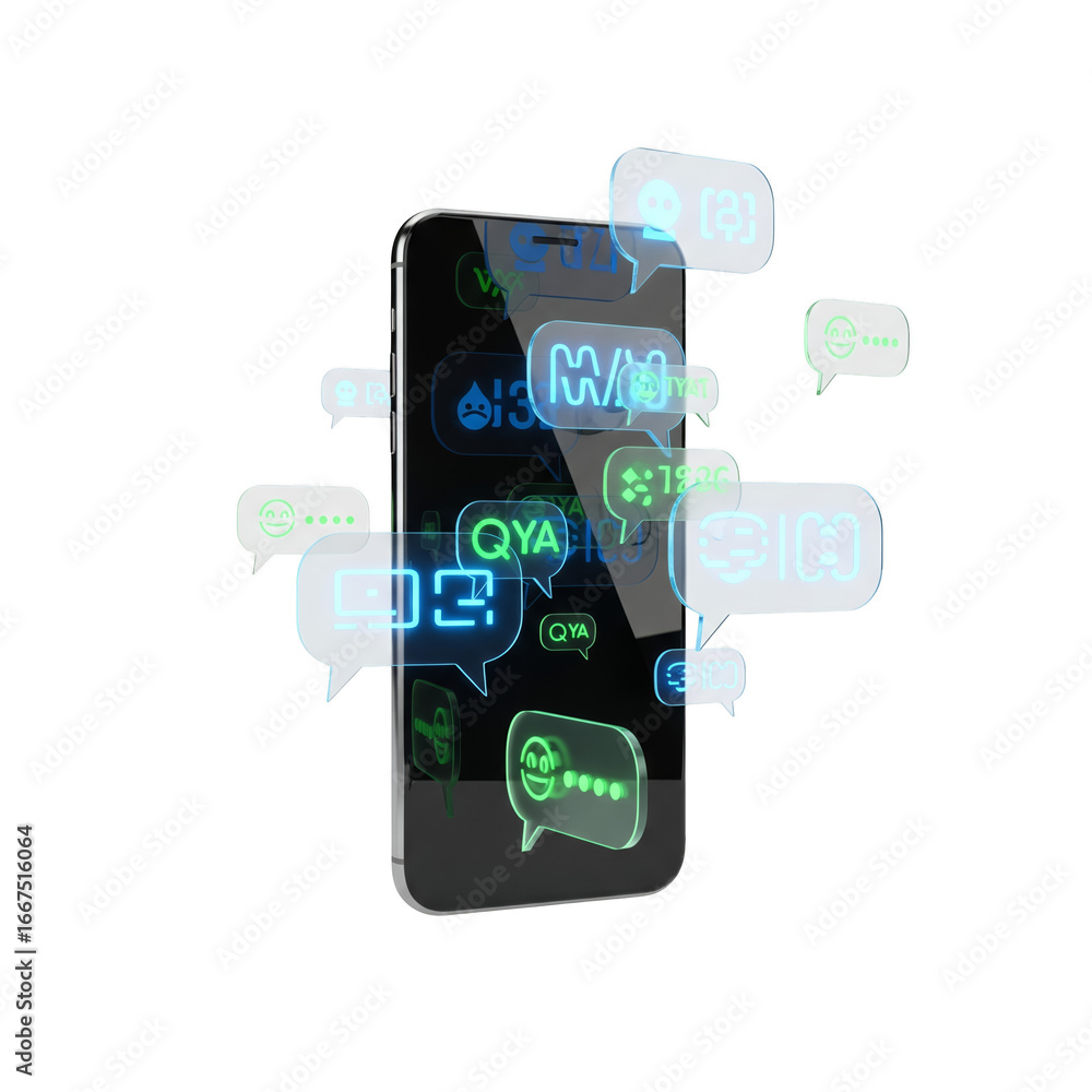 Aufkleber smartphone with neon text bubbles floating around depicting digital communication on black backgroun