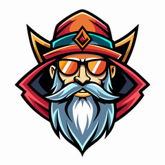 colorful illustration of a cartoon wizard head e-sport mascot , isolated on white background, suitable for logo, mascot, branding, game character, and etc