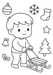 coloring book boy pulling a sled by rope, winter holiday fun