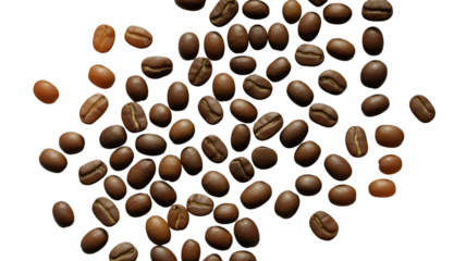 Scattered roasted coffee beans isolated on transparent background in a studio shot