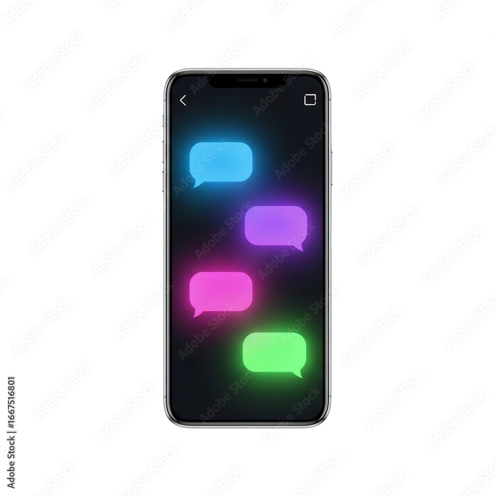 Poster smartphone with illuminated messaging bubbles in neon colors displayed on black background