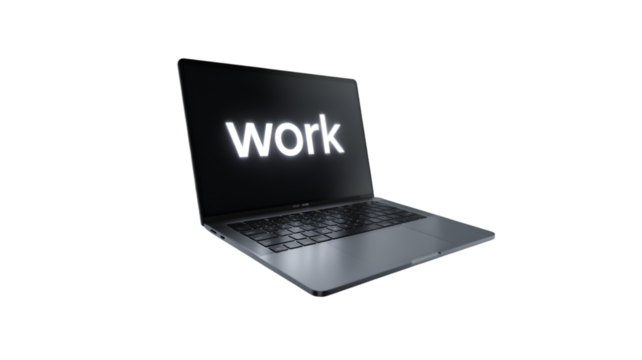 Laptop displaying the word work isolated on transparent background for business use