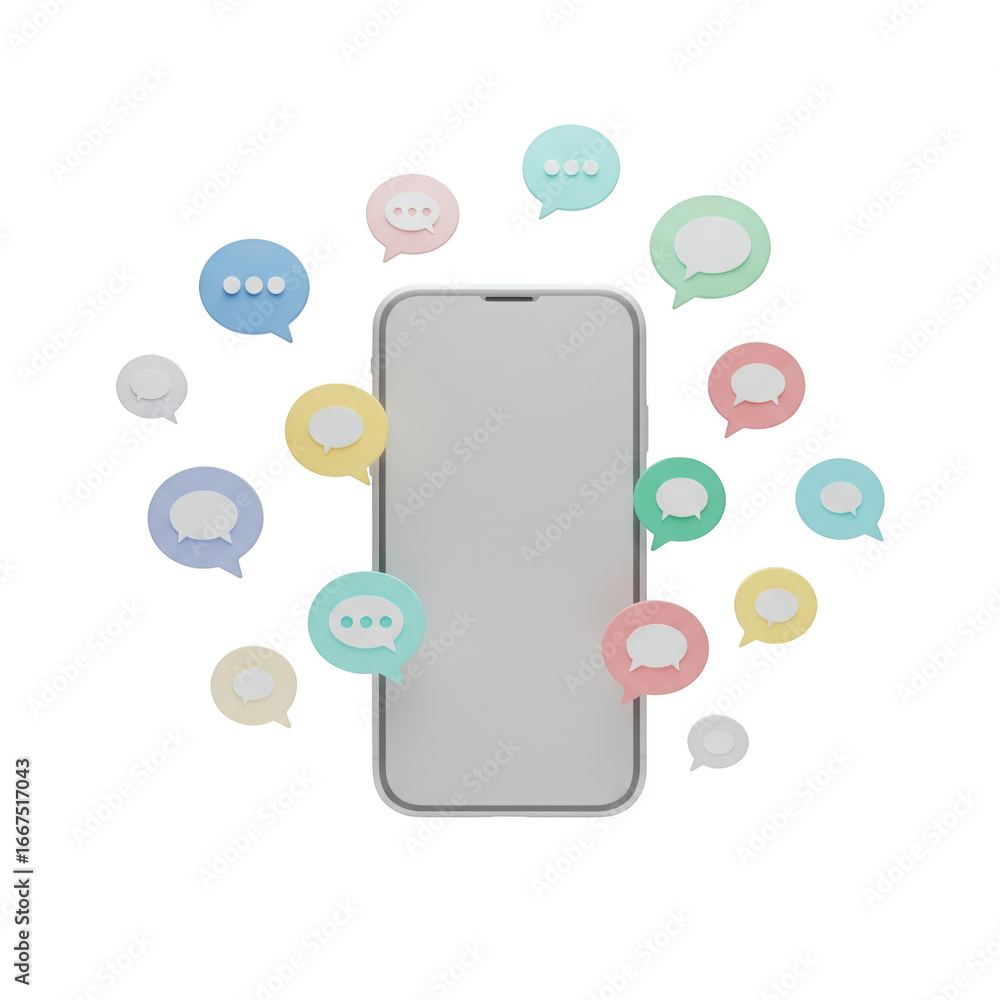 Poster smartphone surrounded by colorful speech bubbles in communication concept on transparent background