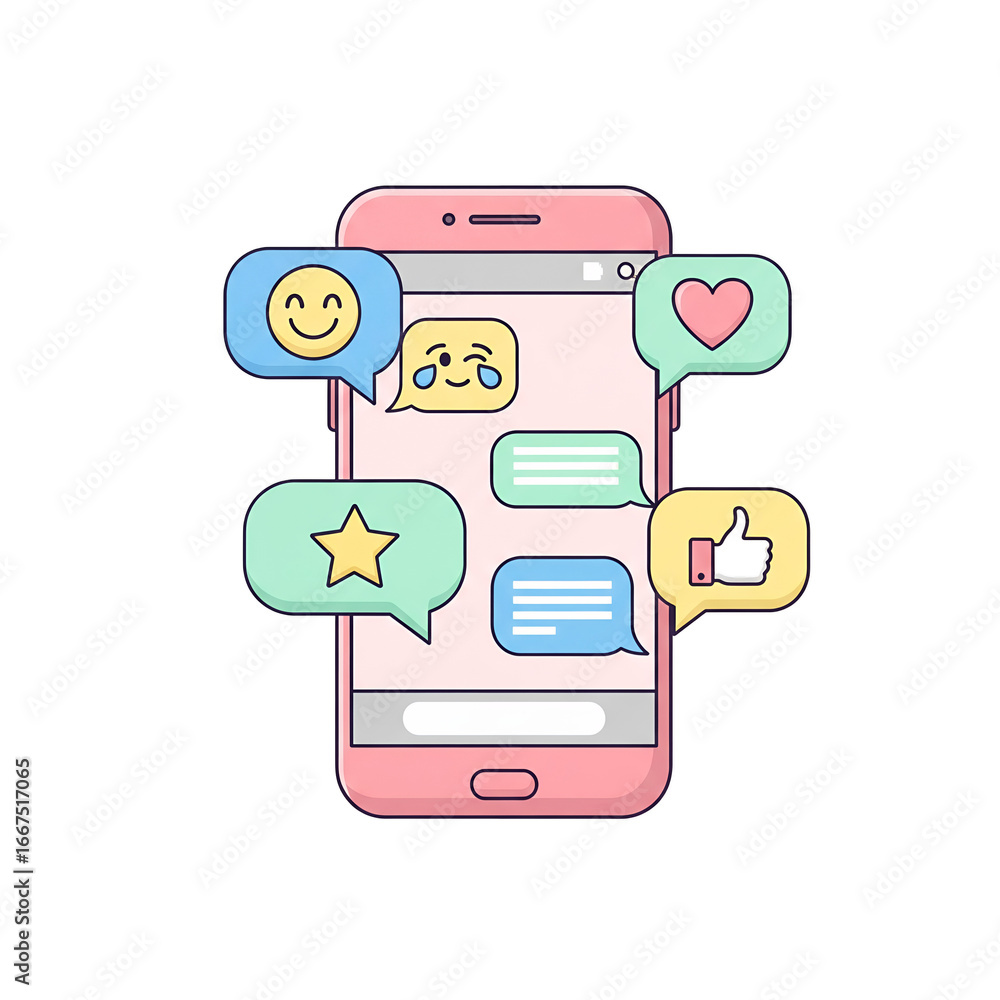Poster pixelated smartphone interface with emoji speech bubbles and modern design elements