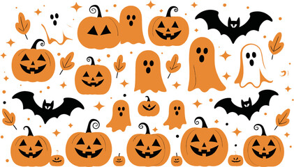 Halloween themed icons suitable for holiday design projects, social media, invitations, and seasonal promotions. Pumpkins, ghosts, bats, leaves.