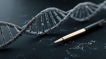 Genetic engineering theme, 3D-rendered DNA double helix and CRISPR - Cas9 editing tool model, gene map beside it, background is a black tech - inspired interface