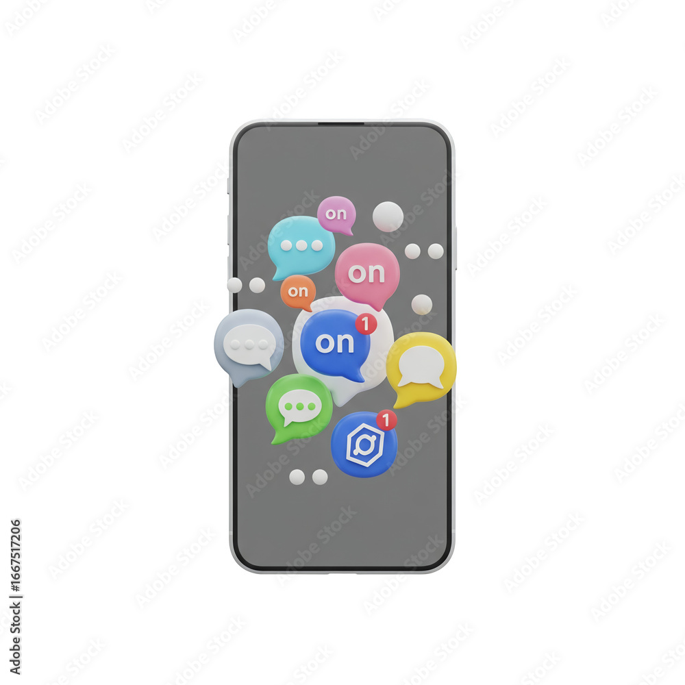 Poster modern smartphone with floating chat bubbles and notifications against black background