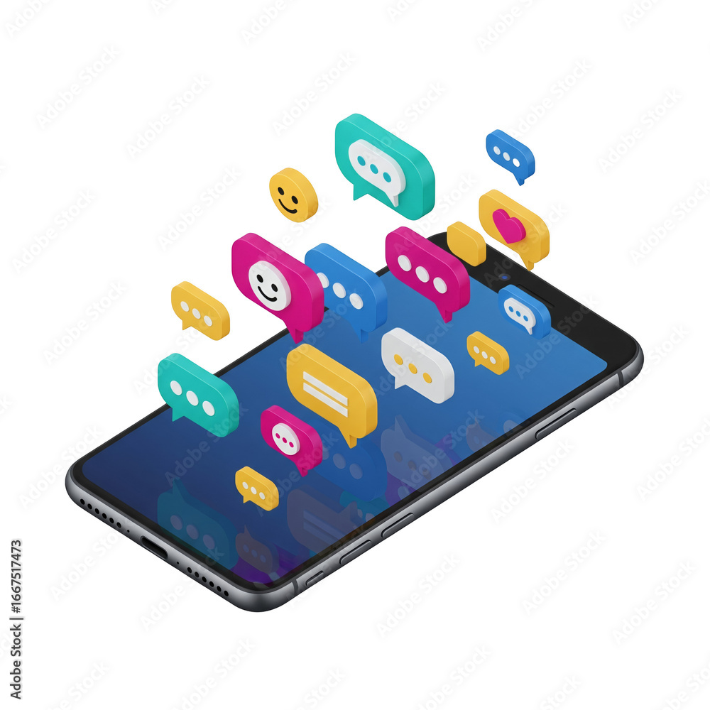 Poster isometric view of mobile phone with floating colorful speech bubbles indicating communication and me