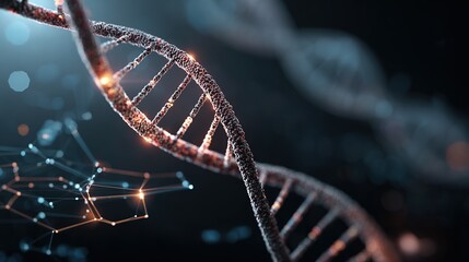 Genetic engineering theme, 3D-rendered DNA double helix and CRISPR - Cas9 editing tool model, gene map beside it, background is a black tech - inspired interface