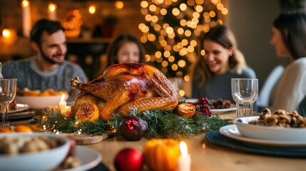 Happy family enjoying festive holiday dinner with roasted turkey, Christmas lights, and warm atmosphere