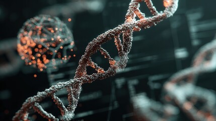 Genetic engineering theme, 3D-rendered DNA double helix and CRISPR - Cas9 editing tool model, gene map beside it, background is a black tech - inspired interface