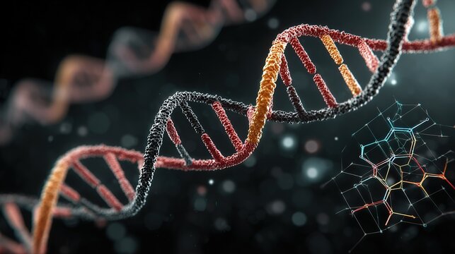 Genetic engineering theme, 3D-rendered DNA double helix and CRISPR - Cas9 editing tool model, gene map beside it, background is a black tech - inspired interface - Powered by Adobe