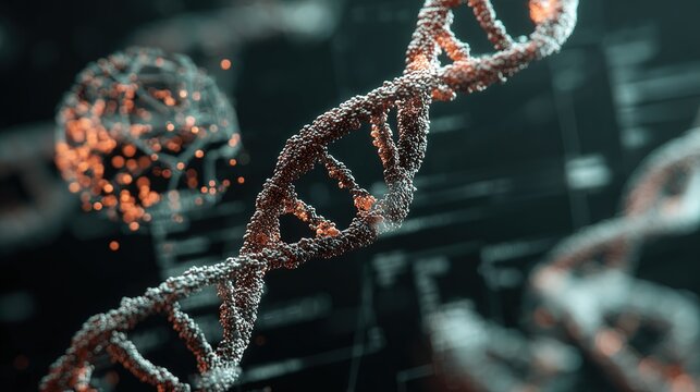 Genetic engineering theme, 3D-rendered DNA double helix and CRISPR - Cas9 editing tool model, gene map beside it, background is a black tech - inspired interface - Powered by Adobe