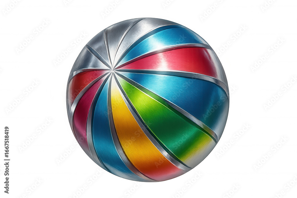 Poster multicolored metallic sphere rotating on transparent background, representing diversity and innovati