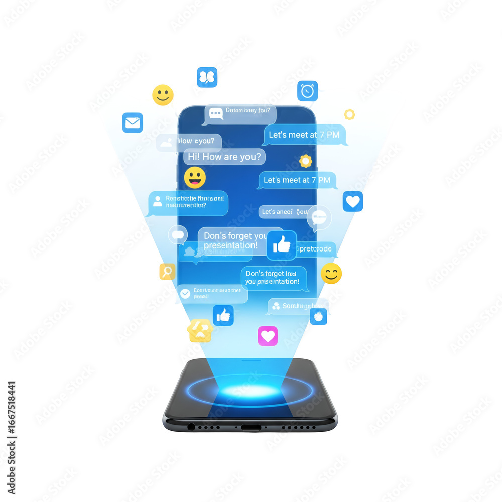 Fototapete digital smartphone display with floating interface icons and chat bubbles on a transparent backdrop