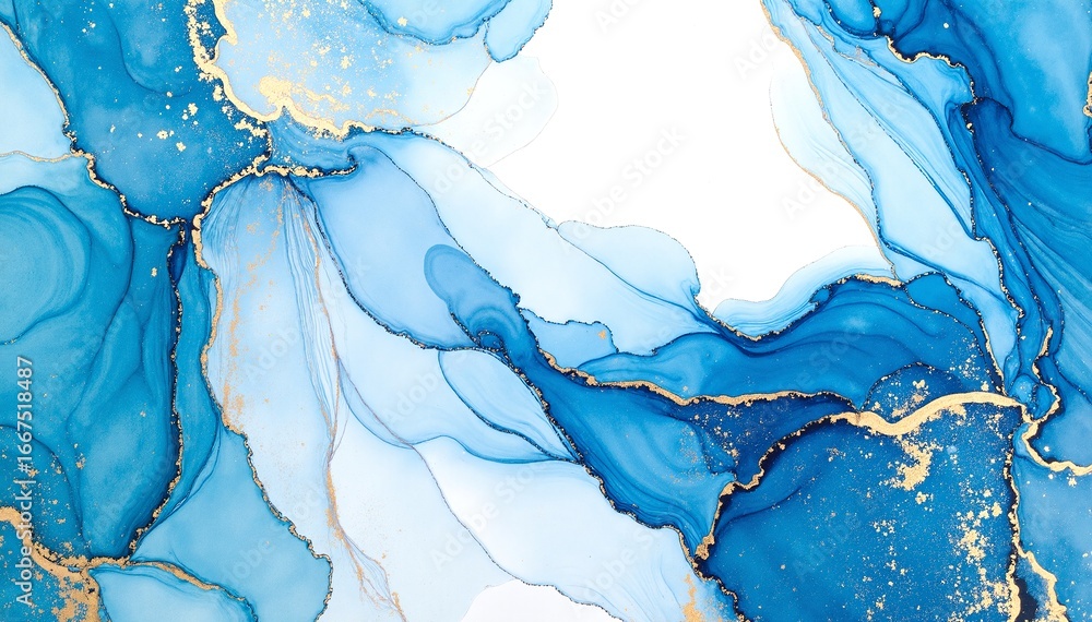 Poster a vibrant abstract painting featuring swirling shades of deep blue and shimmering gold, creating a d