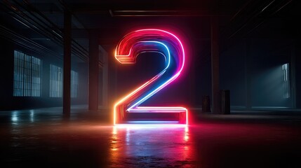 Glowing neon number two in dark warehouse