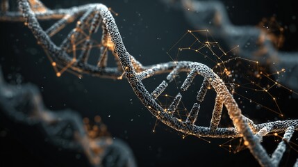 Genetic engineering theme, 3D-rendered DNA double helix and CRISPR - Cas9 editing tool model, gene map beside it, background is a black tech - inspired interface