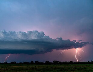Dramatic cloudscape at dusk, illuminated by frequent lightning strikes over a flat, dark green field