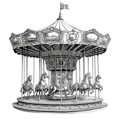 vintage carousel, victorian-style illustration, black-and-white clipart on a transparent background