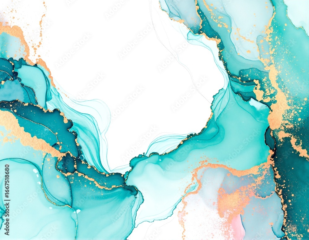 Poster a vibrant abstract painting featuring dynamic swirls of deep blue and shimmering gold, creating a ca