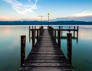 Naklejka premium Lakeside wooden pier at sunset