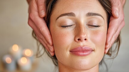 Naklejka premium Wellness therapy for relaxation spa massage with peaceful woman enjoying facial massage in calm spa environment