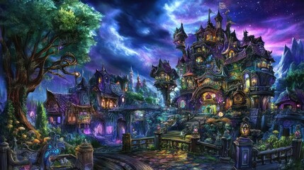 Enchanting fantasy landscape with a whimsical castle under a starlit sky fantasy art