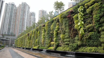 Obraz premium Green environmental protection publicity theme, urban vertical greening wall, various green plants planted on it, rainwater collection device below, background is high-rise buildings
