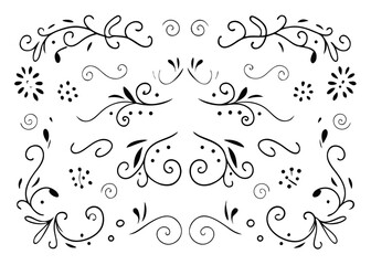 Fototapeta premium Hand drawn doodle style decorative corner flourish border elements for creative design projects