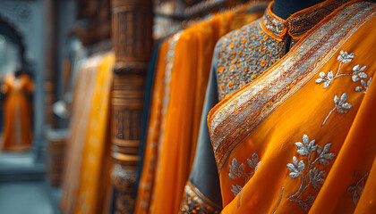 Saree Indian dress in white luxury boutique backgroud. Indian attire in fashio store. Festive outfit. Beutiful Bollywood clothing.Stylish orange party dress Handloom saree salon. Baner
