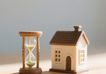 Miniature House with Hourglass Symbolizing Real Estate Investment and Future Planning