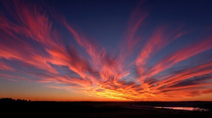 Fototapeta premium Fiery sunset panorama with vibrant, streaky clouds