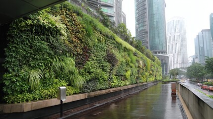 Green environmental protection publicity theme, urban vertical greening wall, various green plants planted on it, rainwater collection device below, background is high-rise buildings