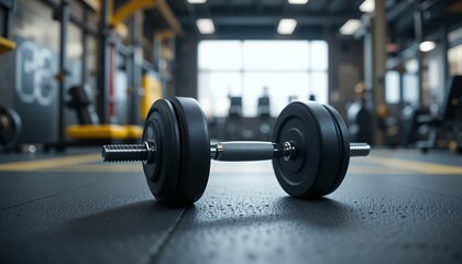 Fototapeta premium Close up of a modern dumbbell resting on a textured gym floor with blurred fitness equipment in