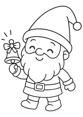 coloring book christmas gnome ringing a bell with a happy smile, cute festive line art for kids