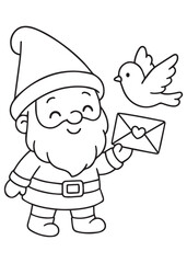 coloring book christmas gnome holding a letter as a dove flies by, merry mail moment