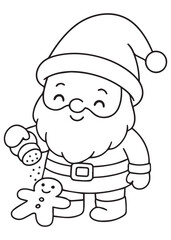 coloring book christmas gnome sprinkling toppings on a gingerbread cookie, sweet decorating time