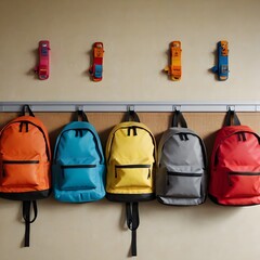 Row of colorful elementary school backpacks hanging on wall hooks in a hallway, soft-focus background of bulletin board, no people,Generative Ai
