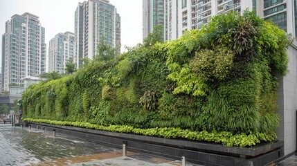 Green environmental protection publicity theme, urban vertical greening wall, various green plants planted on it, rainwater collection device below, background is high-rise buildings