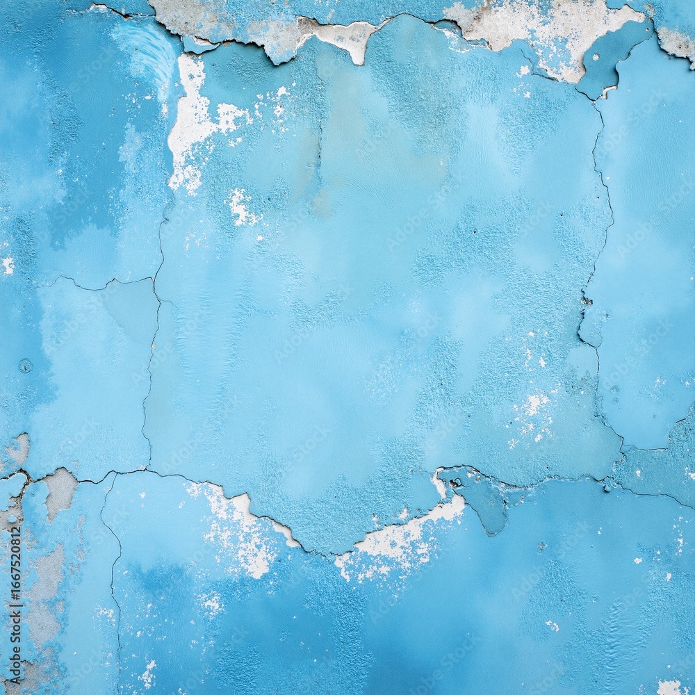 Poster a weathered blue wall showcases peeling paint and visible cracks, revealing layers of texture and ag