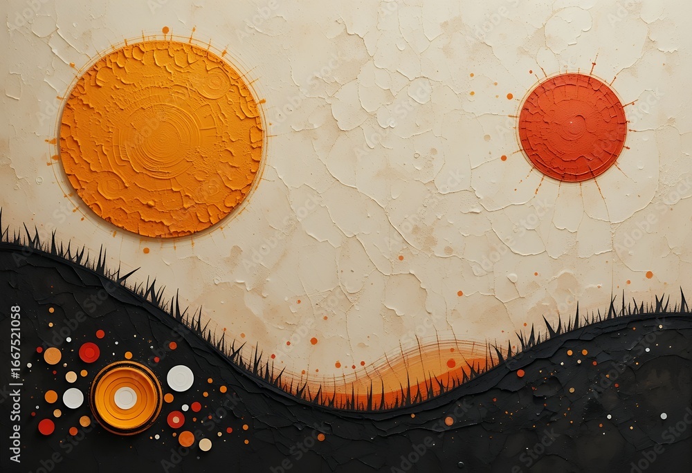 Poster abstract textured landscape with bold circular shapes in warm earthy tones creating dynamic contrast