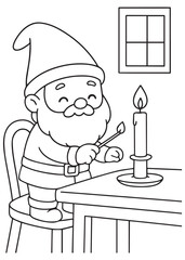 coloring book christmas gnome lighting a candle at the table with a match