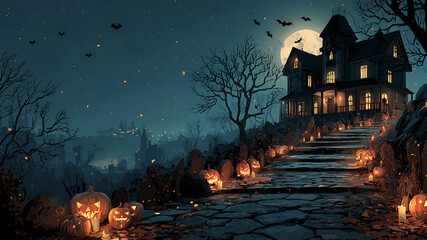 Haunted castle silhouette with full moon and spooky trees Halloween background.