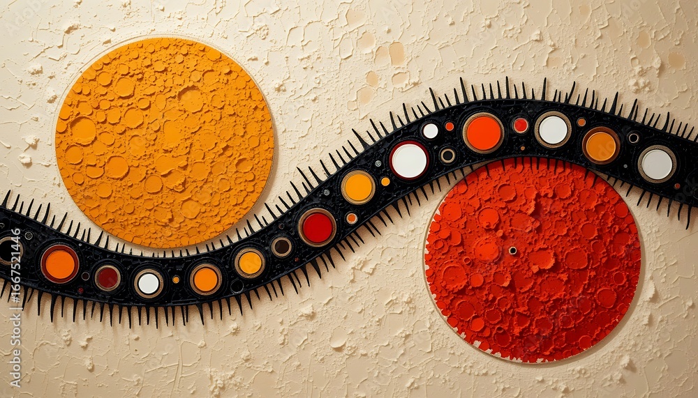 Aufkleber abstract textured geometric wall art featuring two large circular forms linked by a curving dotted