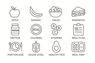 Minimalist nutrition icons set, simple line art vector illustrations for healthy food designs
