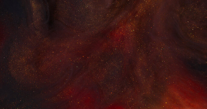 Glitter flow. Blur abstract fog. Defocused pink golden purple color sparkling water fluid ink on creative art dark black background.