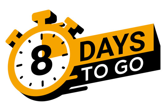 8 days to go banner label, countdown timer sticker vector illustration with stopwatch