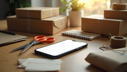 Realistic Small Business Desk with Cardboard Packages and Smartphone Mockup in 169 HD